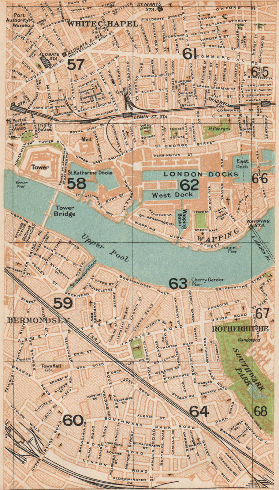 LONDON E.Whitechapel Wapping Bermondsey Rotherhithe Shadwell Tower Hill 1935 map